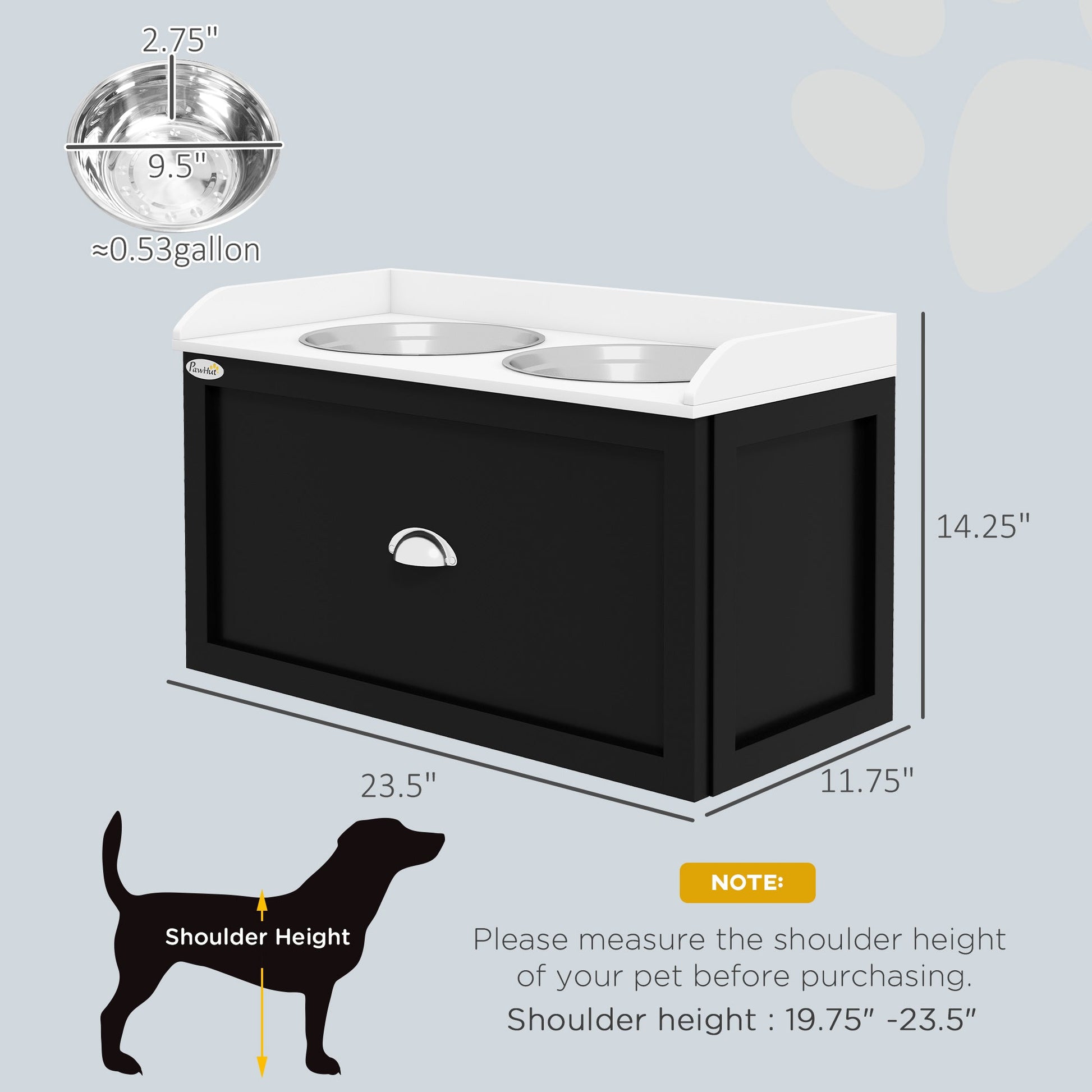 HKM-8860093 Elevated Pet Feeding Station with Storage for Large Dogs - 2 Stainless Steel Bowls in White and Black