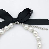 HKM-8861373 Elegant Pearl and Rhinestone Necklace for Small Dogs and Cats - Adjustable Bling Collar with Ribbon Bow