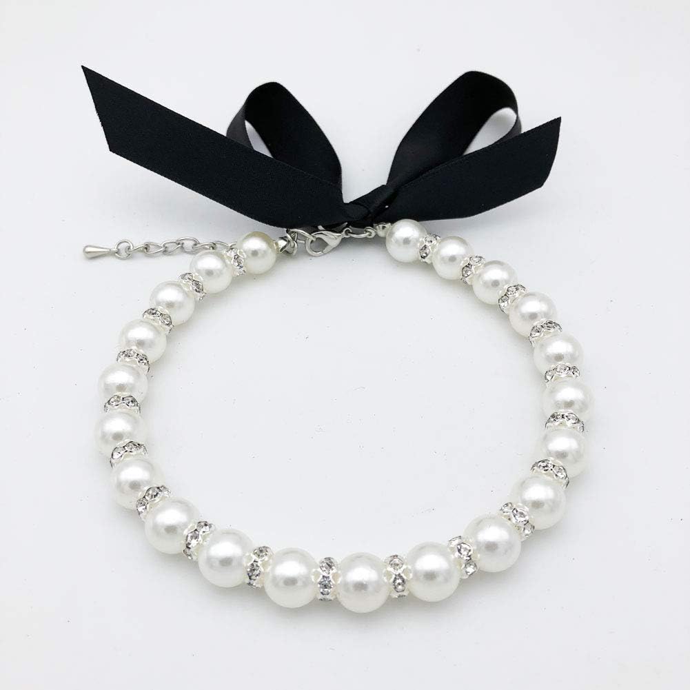 HKM-8861373 Elegant Pearl and Rhinestone Necklace for Small Dogs and Cats - Adjustable Bling Collar with Ribbon Bow