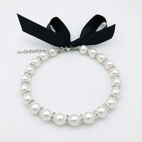 HKM-8861373 Elegant Pearl and Rhinestone Necklace for Small Dogs and Cats - Adjustable Bling Collar with Ribbon Bow