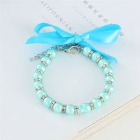 HKM-8861373 Elegant Pearl and Rhinestone Necklace for Small Dogs and Cats - Adjustable Bling Collar with Ribbon Bow