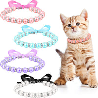 HKM-8861373 Elegant Pearl and Rhinestone Necklace for Small Dogs and Cats - Adjustable Bling Collar with Ribbon Bow