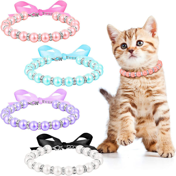 HKM-8861373 Elegant Pearl and Rhinestone Necklace for Small Dogs and Cats - Adjustable Bling Collar with Ribbon Bow