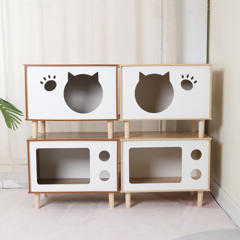 HKM-8863933 Wooden Cat Nest Bedside Table - Stylish Solid Wood Pet Bed for Cats
