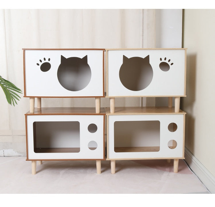 HKM-8863933 Wooden Cat Nest Bedside Table - Stylish Solid Wood Pet Bed for Cats