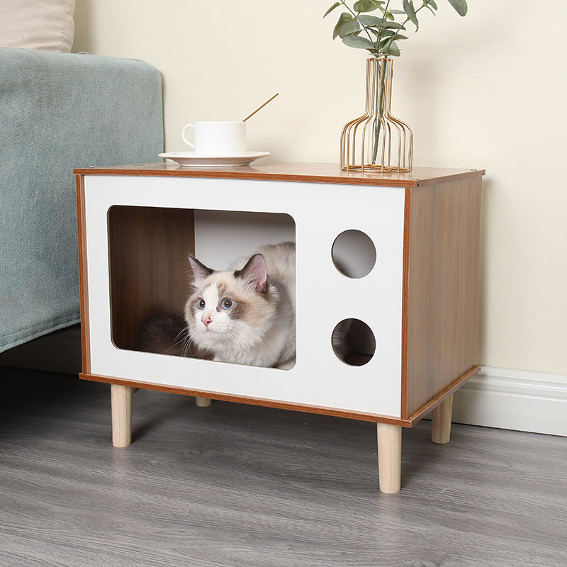 HKM-8863933 Wooden Cat Nest Bedside Table - Stylish Solid Wood Pet Bed for Cats