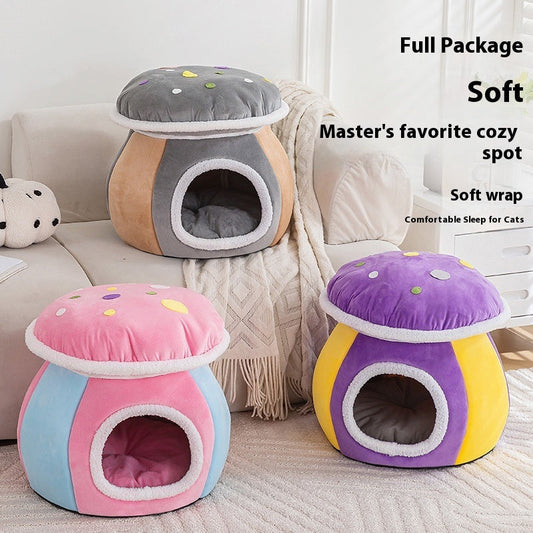 HKM-8867901 Mushroom Cat Nest - Thermal Plush Pet Bed in Multiple Colors and Sizes