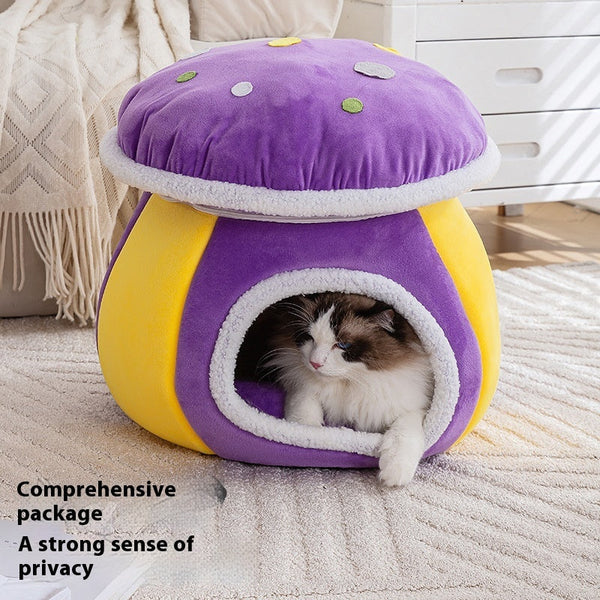 HKM-8867901 Mushroom Cat Nest - Thermal Plush Pet Bed in Multiple Colors and Sizes