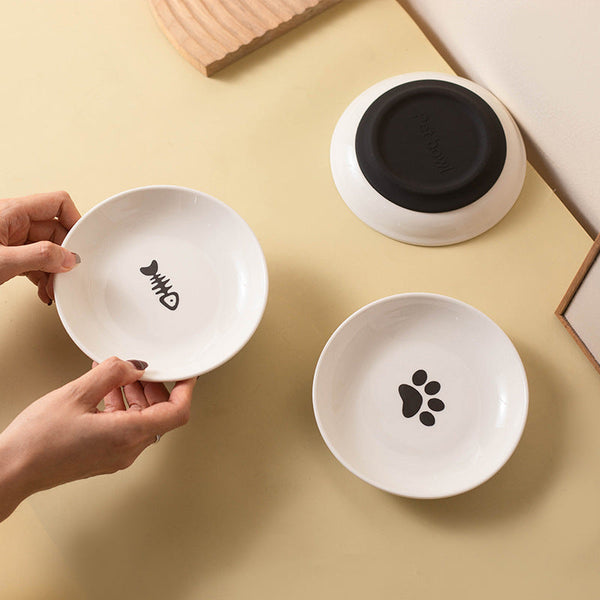 HKM-8869821 Silicone Non-slip Cat Bowl with Ceramic Base in Fishbone and Paw Print Designs