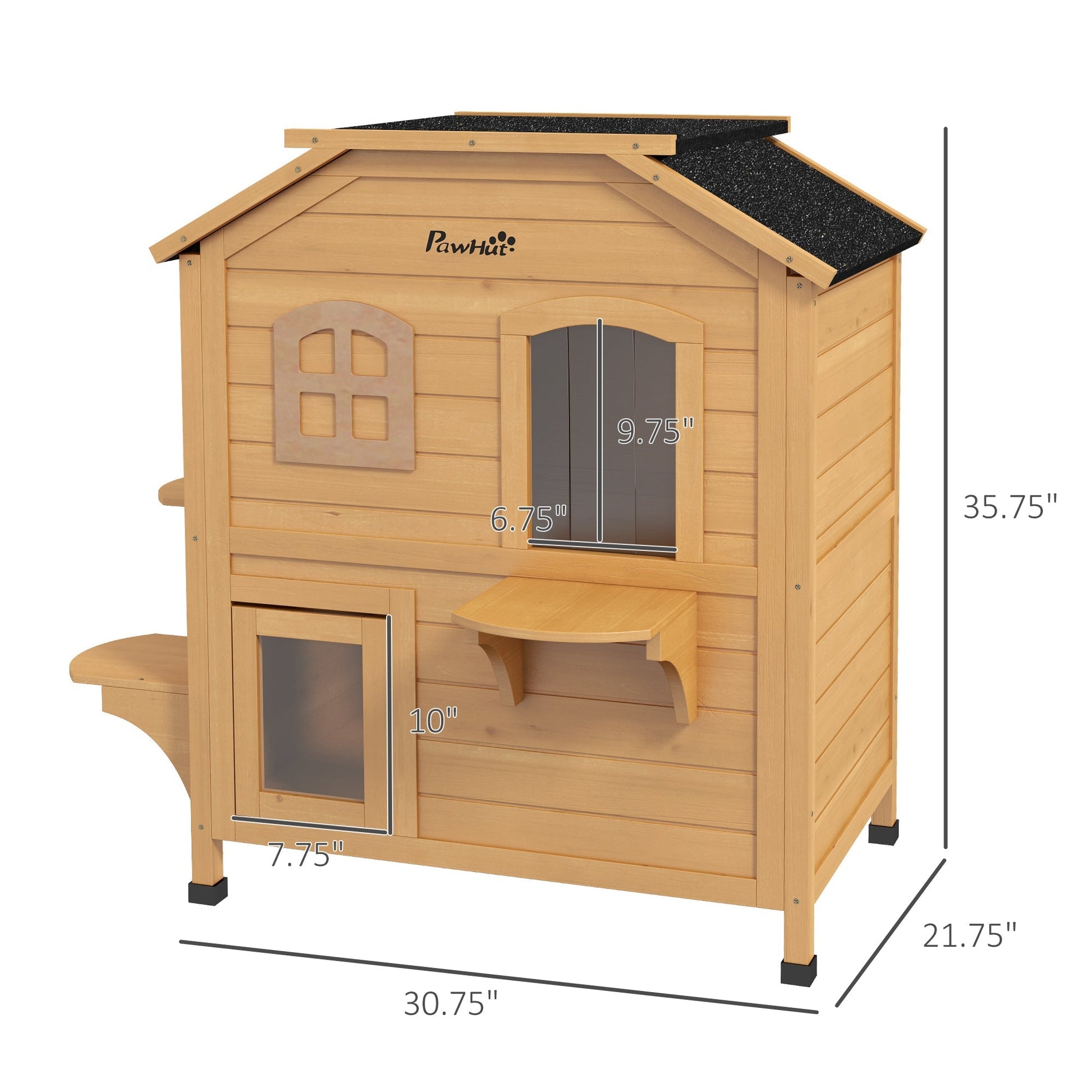 HKM-8873277 2-Story Wooden Outdoor Cat House with Escape Door and Four Platforms, Asphalt Roof, Ideal Feral Shelter