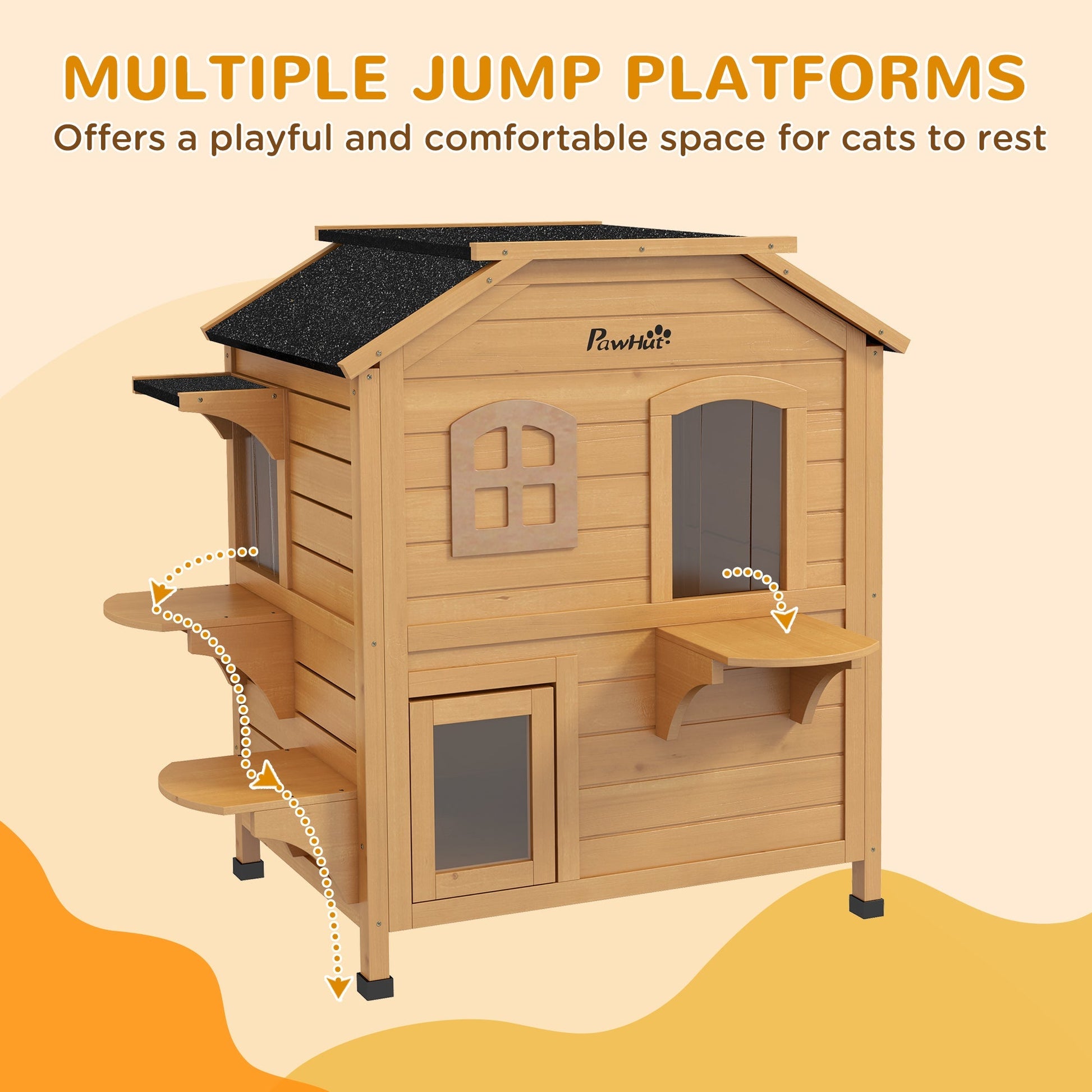 HKM-8873277 2-Story Wooden Outdoor Cat House with Escape Door and Four Platforms, Asphalt Roof, Ideal Feral Shelter