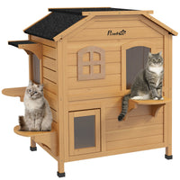 HKM-8873277 2-Story Wooden Outdoor Cat House with Escape Door and Four Platforms, Asphalt Roof, Ideal Feral Shelter