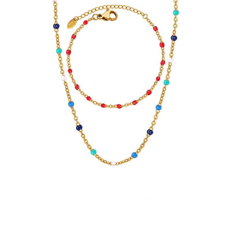 HKM-887379 Fashion New Seed Bead Necklace 18K Gold Bohemian Style Enamel Drop Oil Color Crystal Beaded Choker Necklace Bracelet Jewelry Set