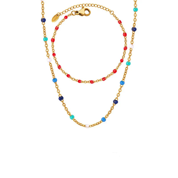 HKM-887379 Fashion New Seed Bead Necklace 18K Gold Bohemian Style Enamel Drop Oil Color Crystal Beaded Choker Necklace Bracelet Jewelry Set