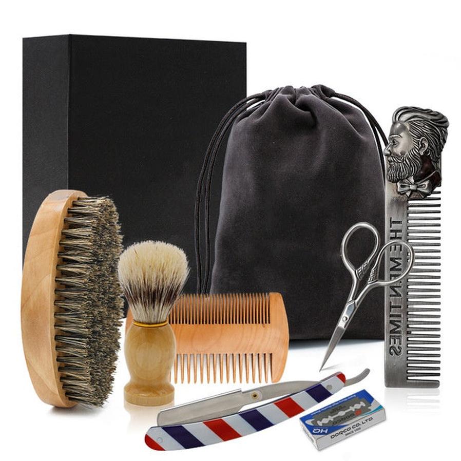 HKM-887891 Men's Complete Beard Care Shaving Kit with Brush, Comb, Scissors, and Straight Razor