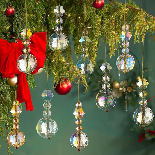 HKM-887955 Christmas Decorative Crystal Prism Ball Set - 12 Glass Pendants, 22mm & 25mm Sizes