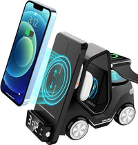 HKM-888019 Forklift-Inspired Wireless Charging Station with Digital Clock and Night Light for Phones and Earbuds