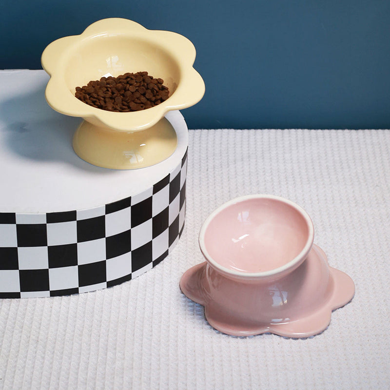 HKM-888019 Oblique Mouth High Foot Ceramic Pet Bowl with Color Glaze - Yellow, Purple Options