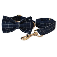 HKM-8883133 Navy Blue Plaid Dog Collar with Gold Button and Alloy Buckle ¨C Stylish Cotton Design
