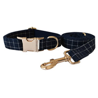 HKM-8883133 Navy Blue Plaid Dog Collar with Gold Button and Alloy Buckle ¨C Stylish Cotton Design