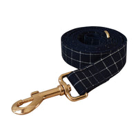 HKM-8883133 Navy Blue Plaid Dog Collar with Gold Button and Alloy Buckle ¨C Stylish Cotton Design