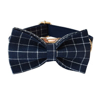HKM-8883133 Navy Blue Plaid Dog Collar with Gold Button and Alloy Buckle ¨C Stylish Cotton Design