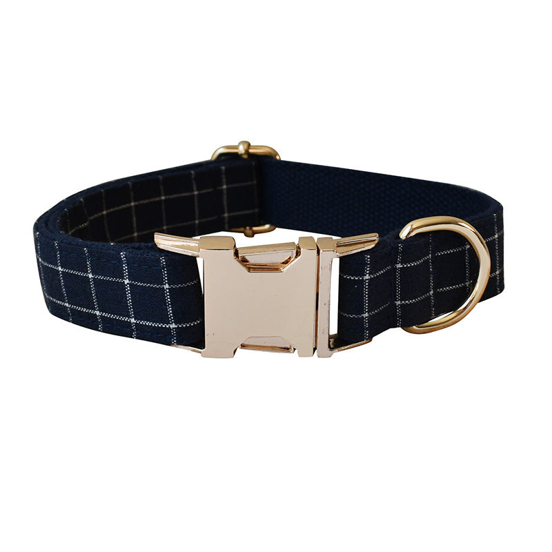 HKM-8883133 Navy Blue Plaid Dog Collar with Gold Button and Alloy Buckle ¨C Stylish Cotton Design