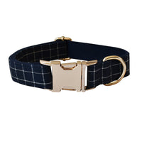 HKM-8883133 Navy Blue Plaid Dog Collar with Gold Button and Alloy Buckle ¨C Stylish Cotton Design