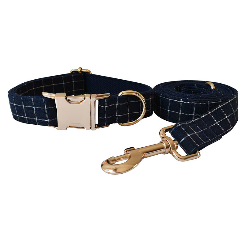 HKM-8883133 Navy Blue Plaid Dog Collar with Gold Button and Alloy Buckle ¨C Stylish Cotton Design