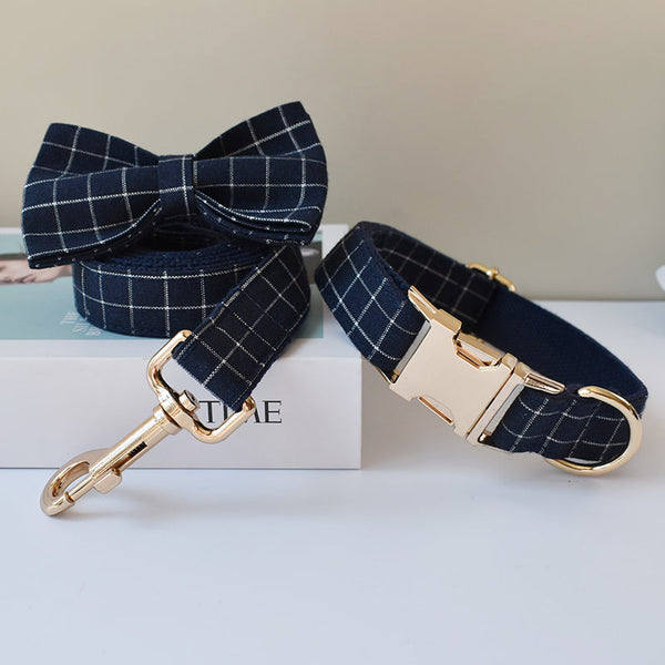 HKM-8883133 Navy Blue Plaid Dog Collar with Gold Button and Alloy Buckle ¨C Stylish Cotton Design