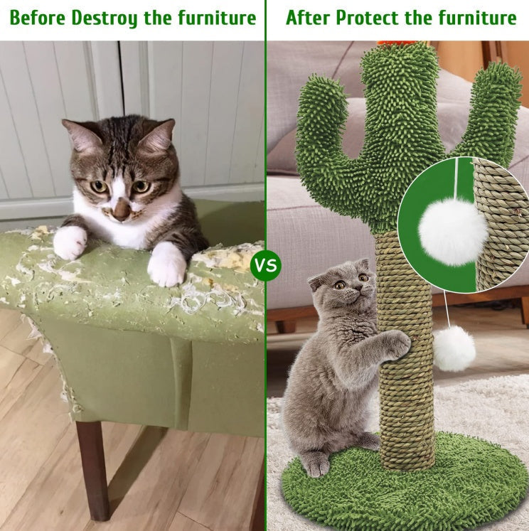 HKM-8886589 Cactus Cat Climbing Tree - Multi-Level Activity Center with Solid Wood Base and Natural Sisal Scratching Pillar
