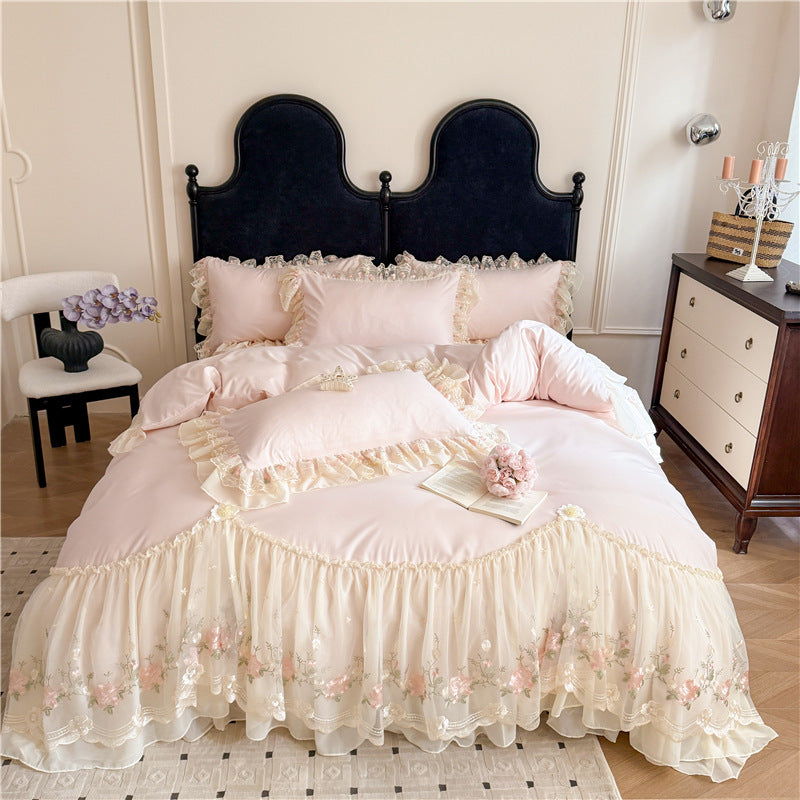 HKM-888979 Cotton Chiffon Lace Embroidery Four-Piece Bed Skirt Set in Solid Colors