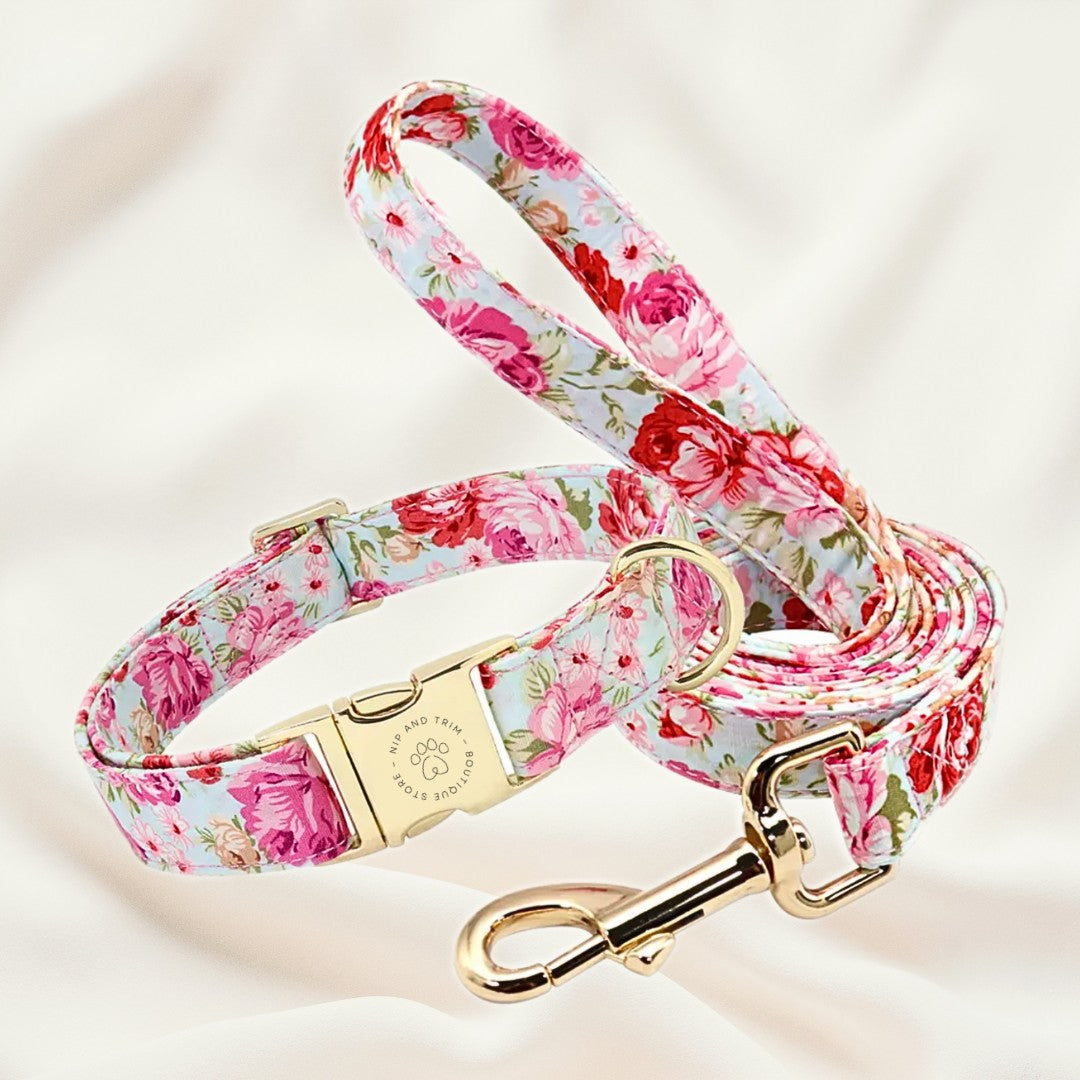 HKM-8890685 Customizable Dog Collar with Matching Leash and Bag - All Cotton Fabric, Multiple Sizes Available