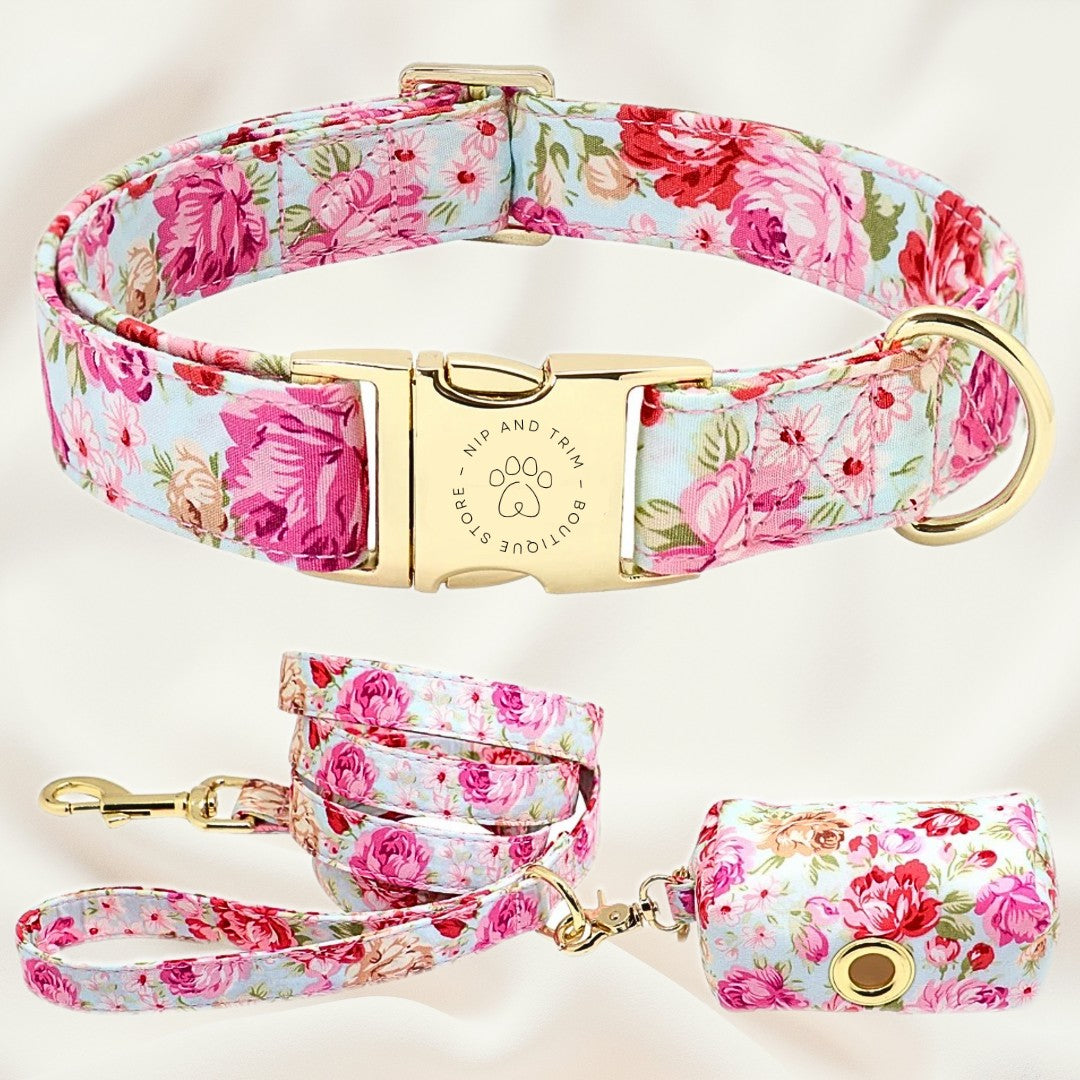 HKM-8890685 Customizable Dog Collar with Matching Leash and Bag - All Cotton Fabric, Multiple Sizes Available