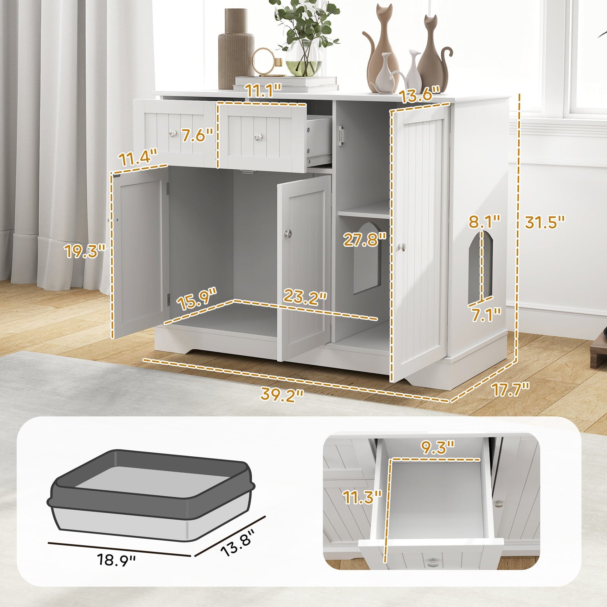 HKM-8892349 Cat Litter Box Enclosure with Storage and Anti-Tip Kit, White, 39" x 18" x 31.5"