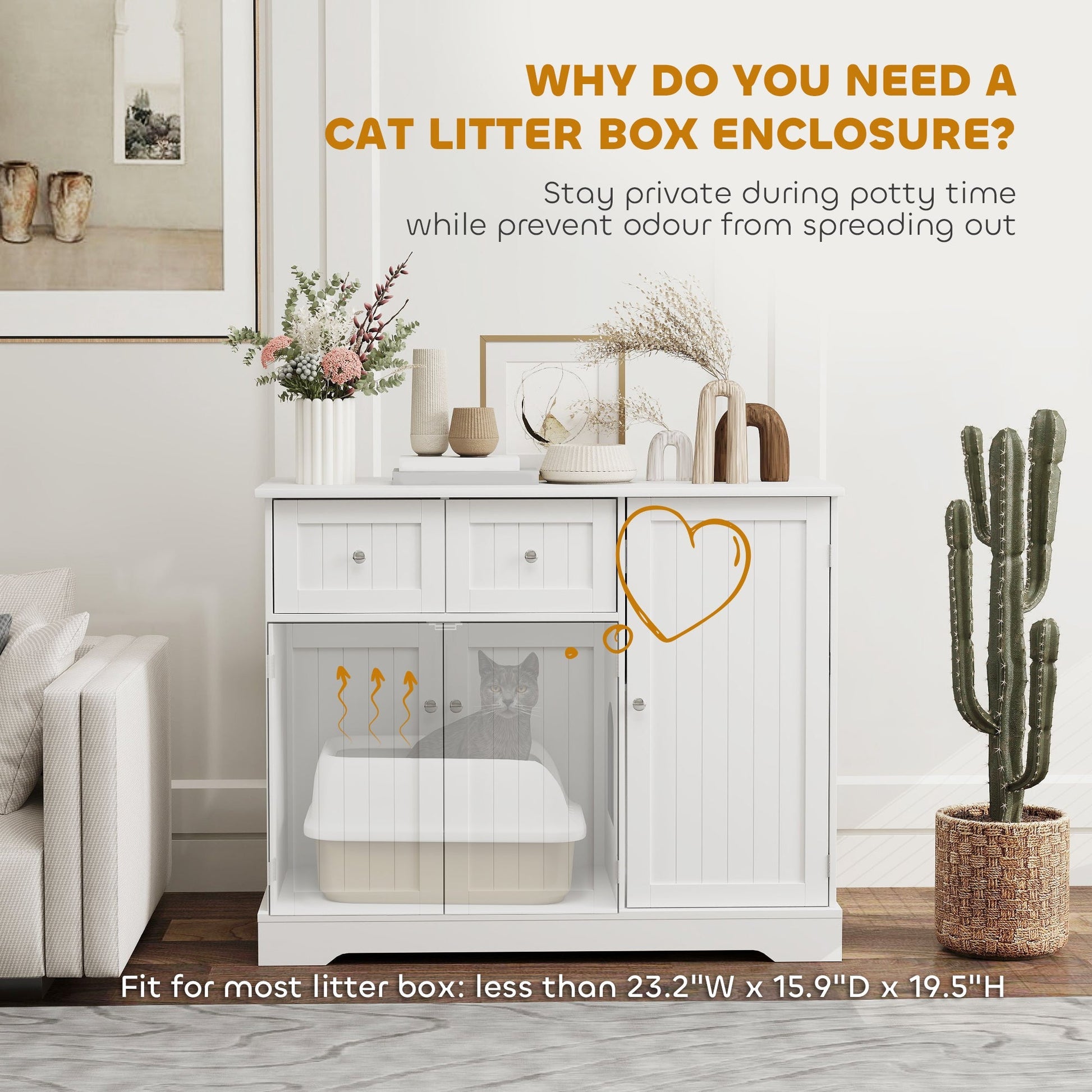 HKM-8892349 Cat Litter Box Enclosure with Storage and Anti-Tip Kit, White, 39" x 18" x 31.5"