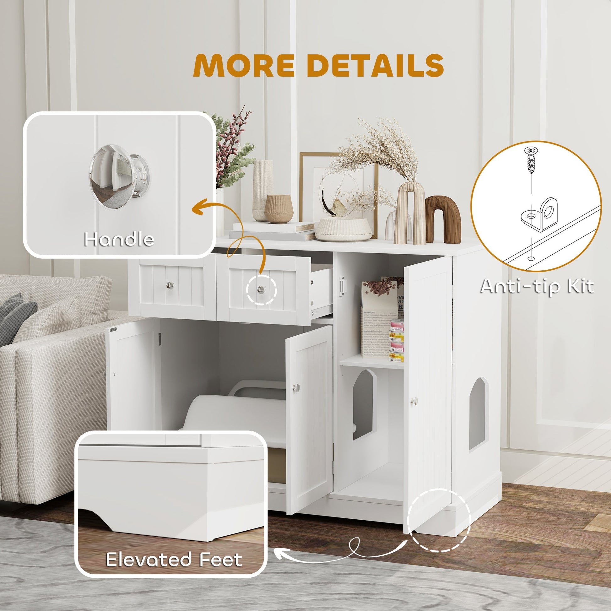 HKM-8892349 Cat Litter Box Enclosure with Storage and Anti-Tip Kit, White, 39" x 18" x 31.5"