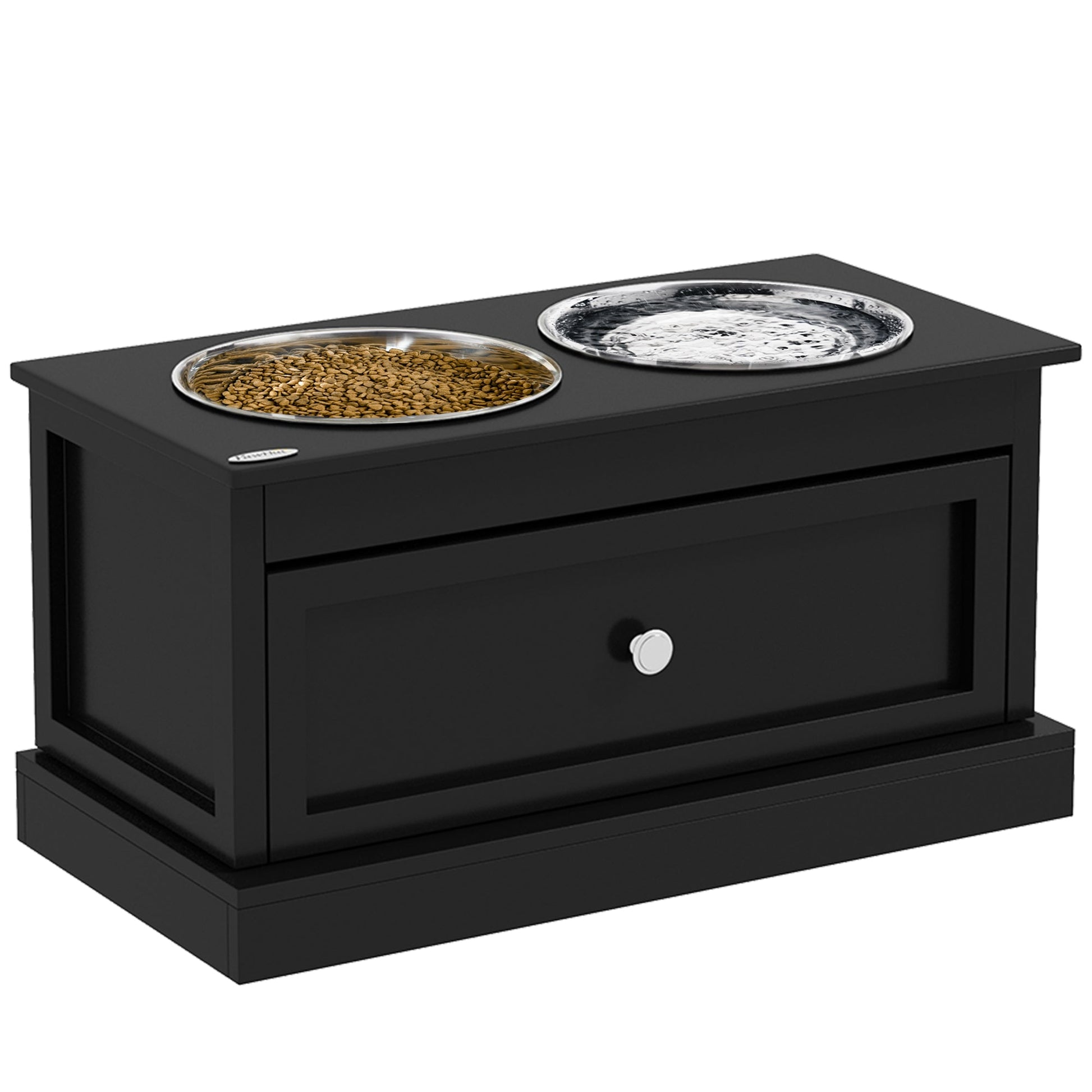 HKM-8892861 Elevated Dog Feeding Station with Storage Drawer and Stainless Steel Bowls - Black