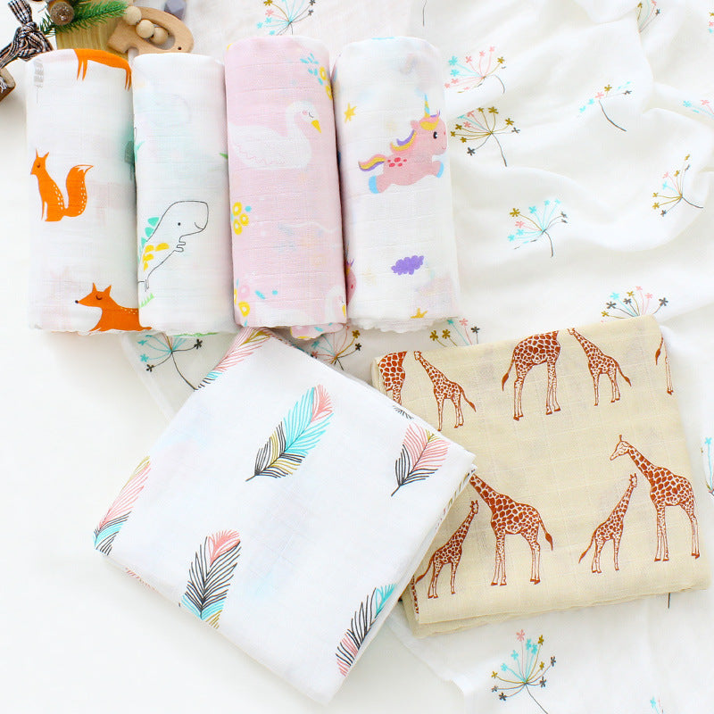 HKM-889299 Bamboo Cotton Gauze Baby Swaddle Blanket with Animal and Floral Patterns for Newborns