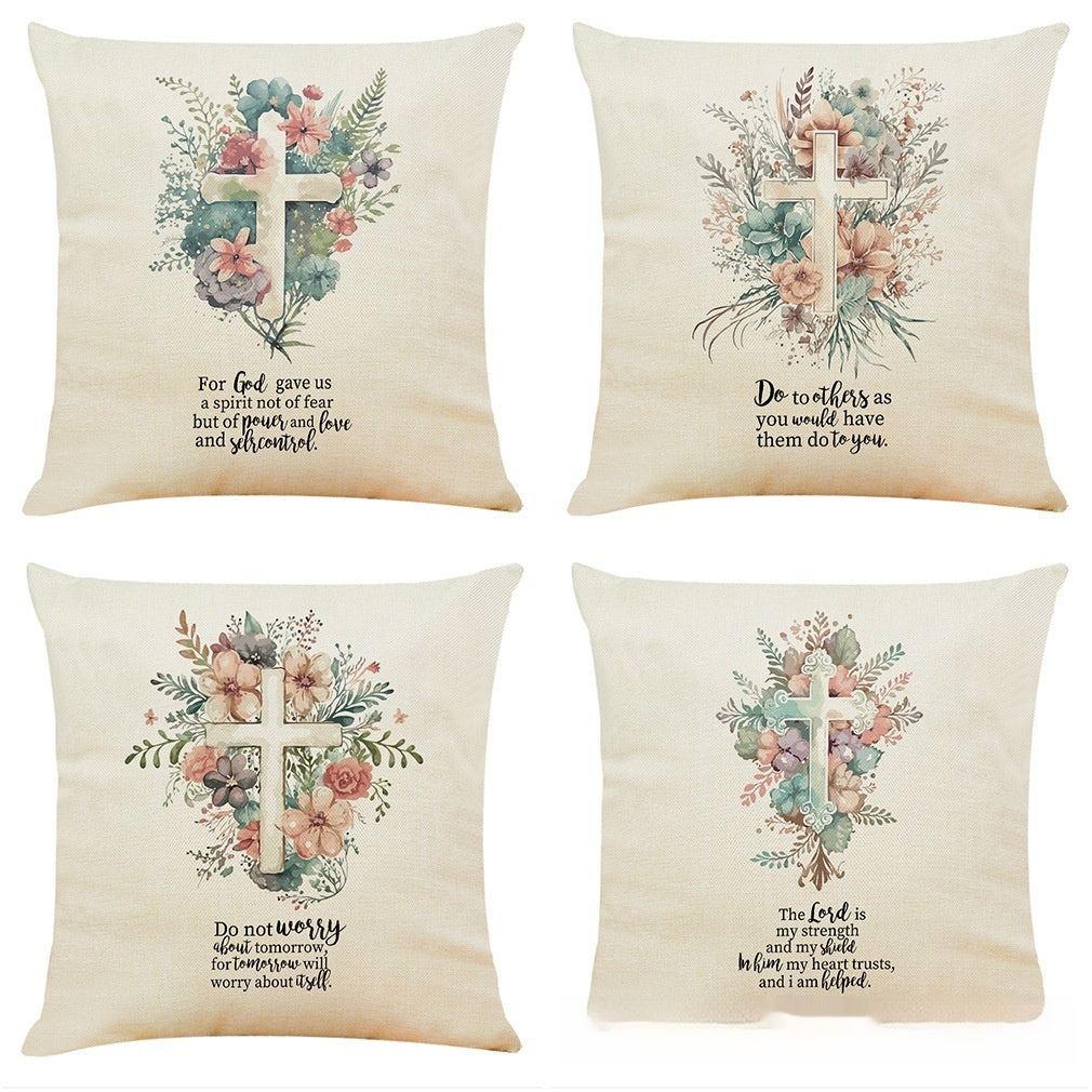 HKM-889427 Modern Cotton and Linen Church Cross Printed Cushion Cover - 45x45cm
