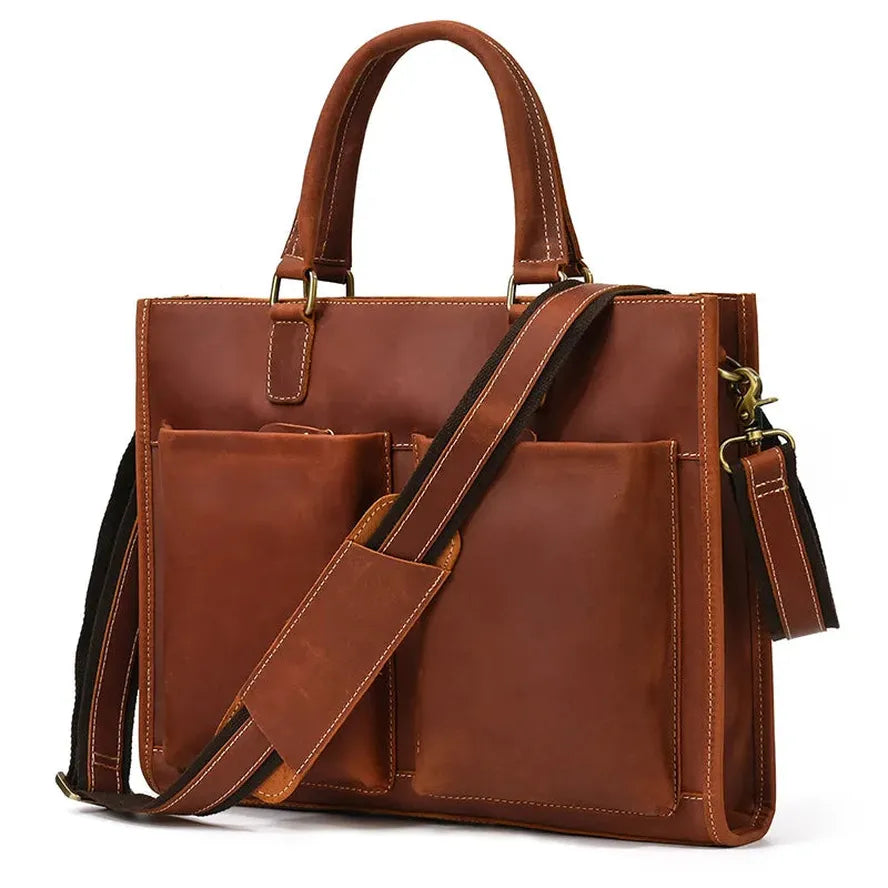 HKM-889555 Genuine Crazy Horse Leather Briefcase Tote for 14" Laptops - Retro Brown Messenger Bag