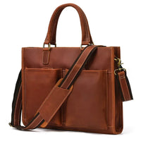 HKM-889555 Genuine Crazy Horse Leather Briefcase Tote for 14" Laptops - Retro Brown Messenger Bag