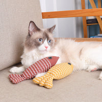 HKM-8896317 Funny Cat Linen Fish Pillow - Biting Toy for Cats, Navy Blue, Yellow, Purple, 21x9x5cm