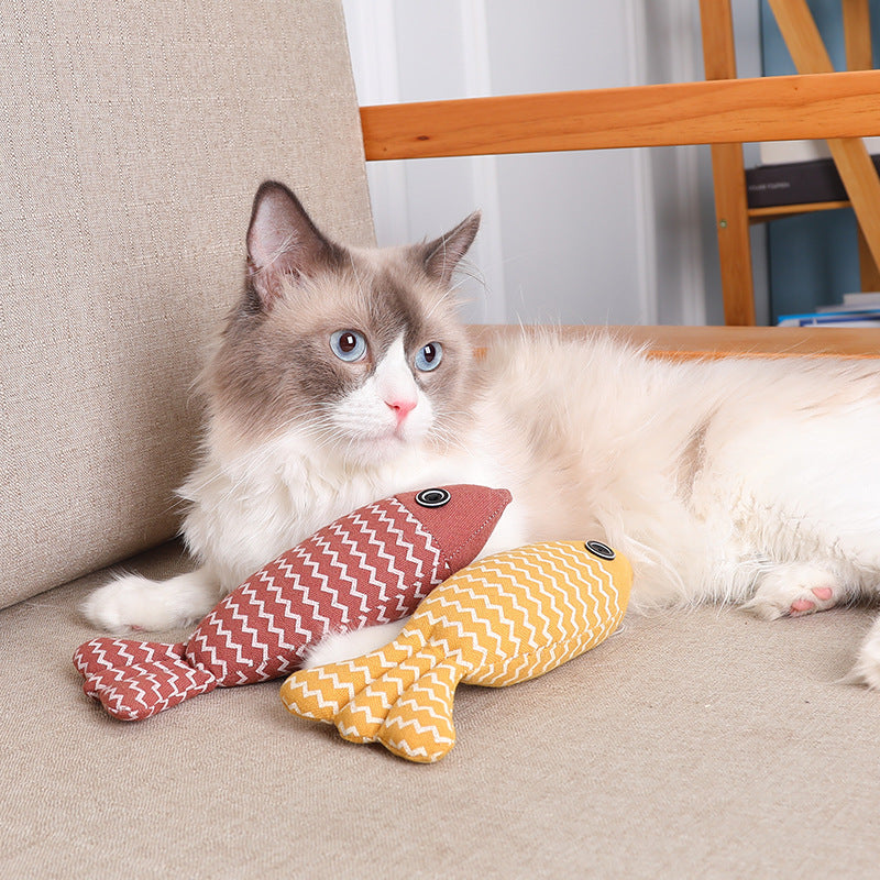 HKM-8896317 Funny Cat Linen Fish Pillow - Biting Toy for Cats, Navy Blue, Yellow, Purple, 21x9x5cm