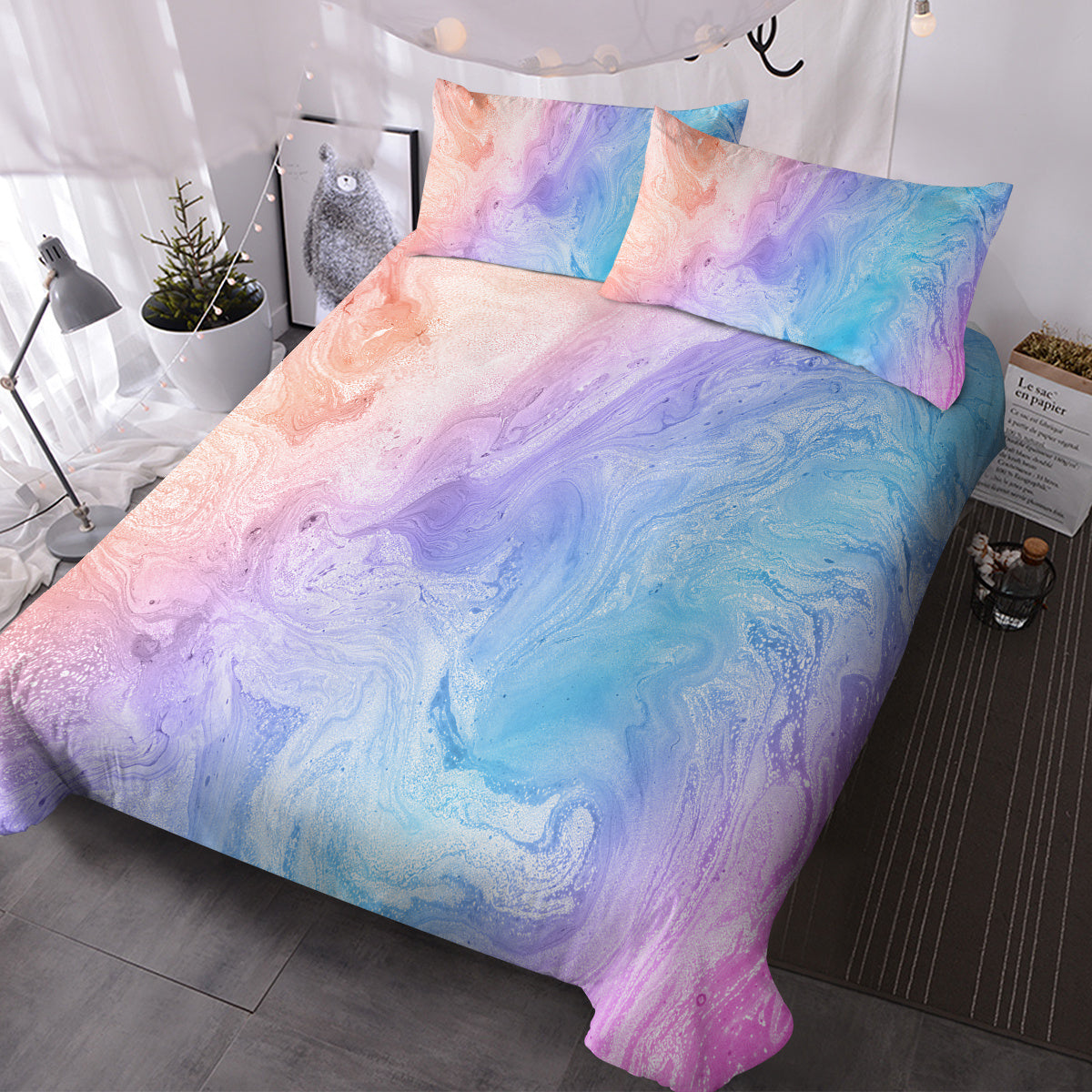 HKM-890451 Rainbow Glitter Ombre 3-Piece Duvet Cover Set in Chic Purple, Blue, and Green Pastel with Pillow Shams - Soft Microfiber Design