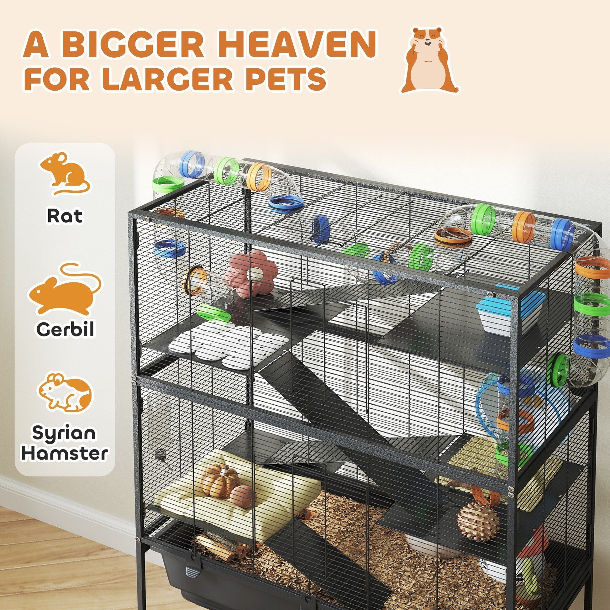 HKM-8906045 5-Tier Hamster Cage with Rolling Wheels, Deep Tray, Exercise Wheel, Hut, and Tube System