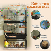 HKM-8906045 5-Tier Hamster Cage with Rolling Wheels, Deep Tray, Exercise Wheel, Hut, and Tube System