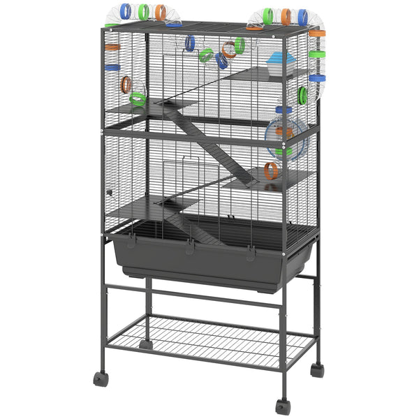 HKM-8906045 5-Tier Hamster Cage with Rolling Wheels, Deep Tray, Exercise Wheel, Hut, and Tube System