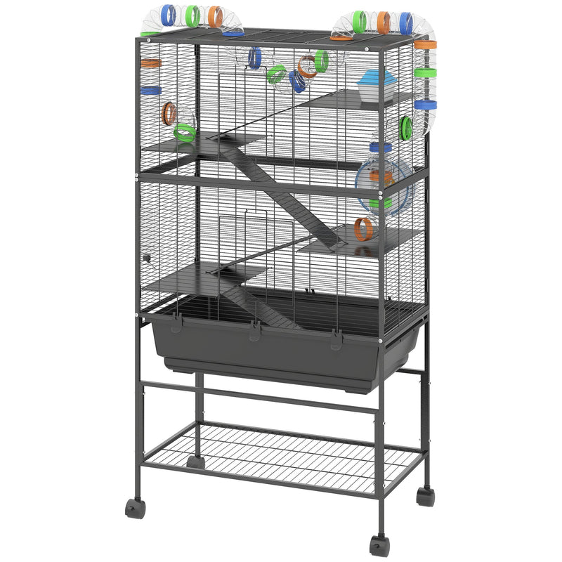 HKM-8906045 5-Tier Hamster Cage with Rolling Wheels, Deep Tray, Exercise Wheel, Hut, and Tube System