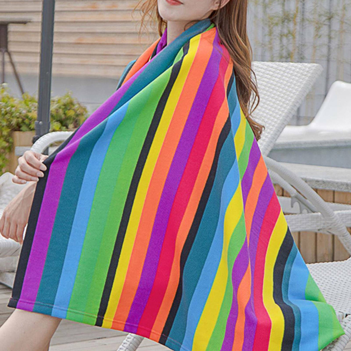 HKM-890707 Extra Large Microfiber Lightweight Beach Towel - Quick Dry Multicolor Rainbow Design, 150x70cm